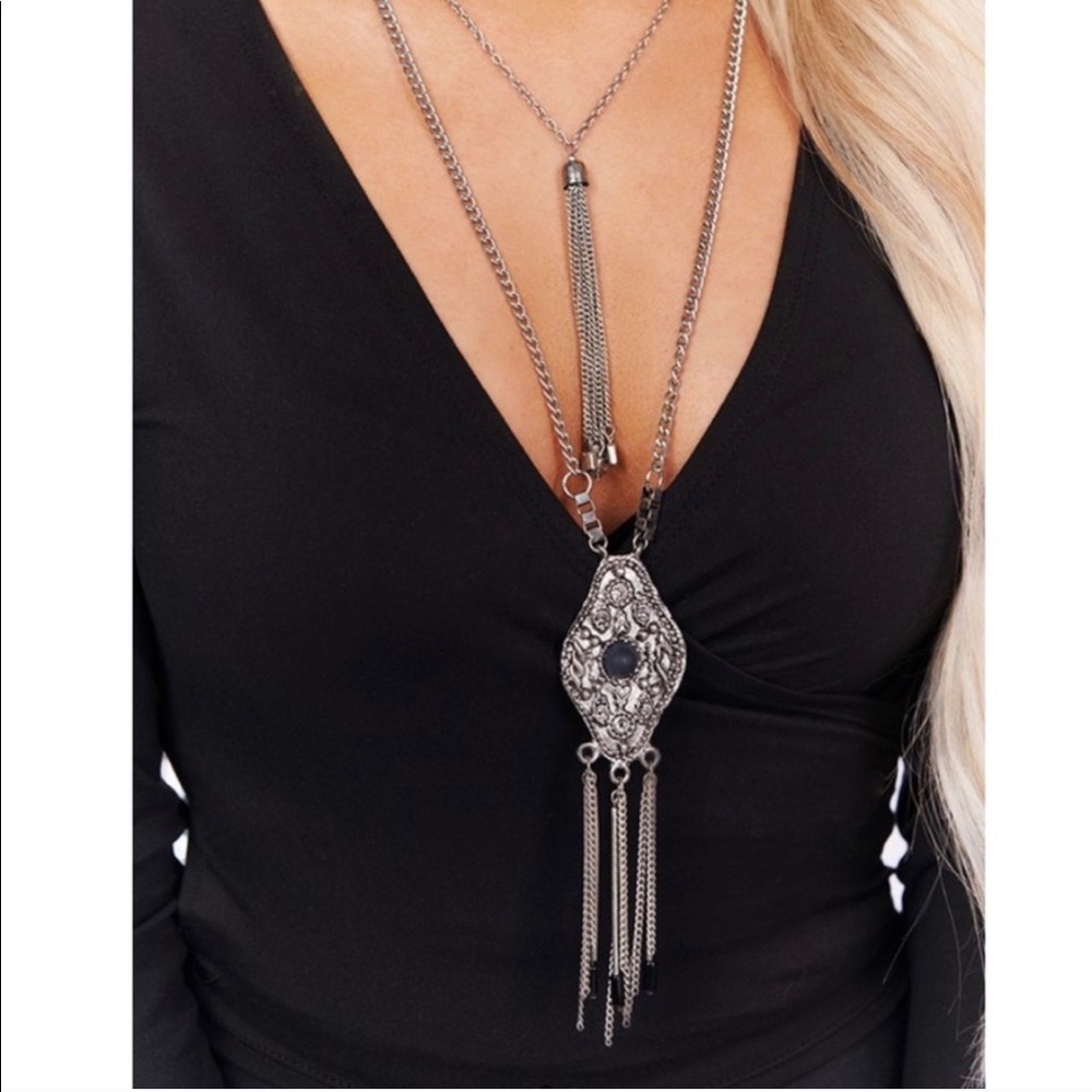 New! Boho Joanie Necklace Filigree Medallion Silver Long Necklace